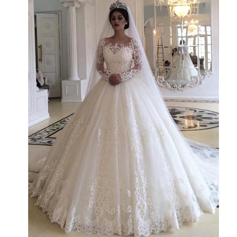 

Romantic Princess Long Sleeve Wedding Dresses O-neck Lace Appliques Church Wedding Gowns Sweep Train Tulle Abric Bridal Dress, Same as image