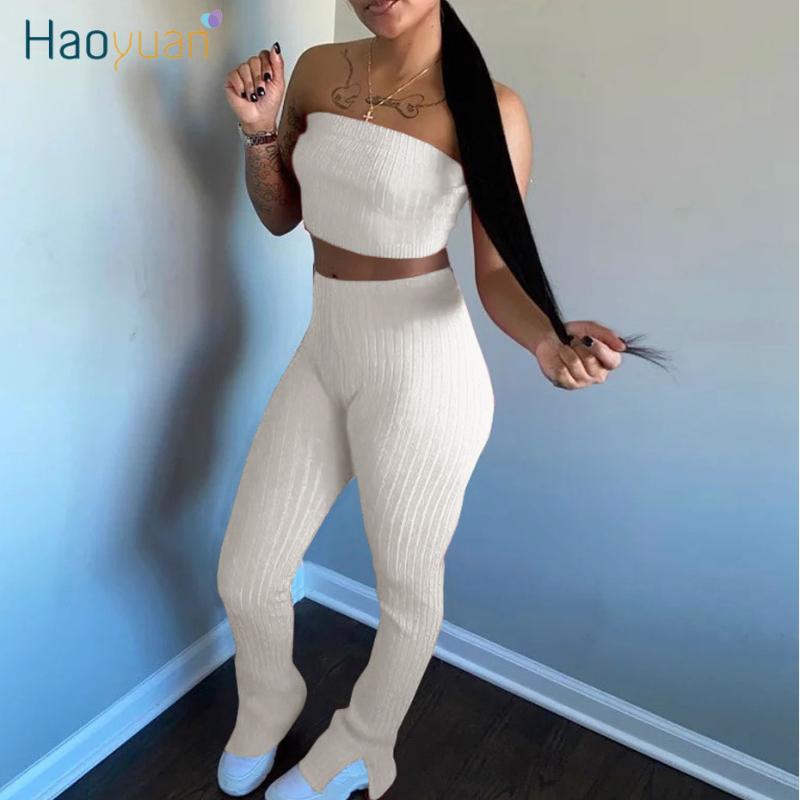 HAOYUAN – ensemble deux pièces en tricot Sexy pour femmes, vêtements d'été pour femmes, haut court et pantalon évasé fendu, tenues de Club 2 pièc