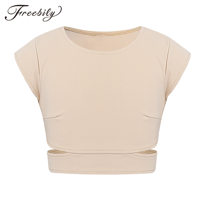 

Kids Cap Sleeves Stretchy Cutout Waist Bra Crop Top Workout Dancewear Girls Ballet Gymnastics Tops Performance Dance Costume, Black