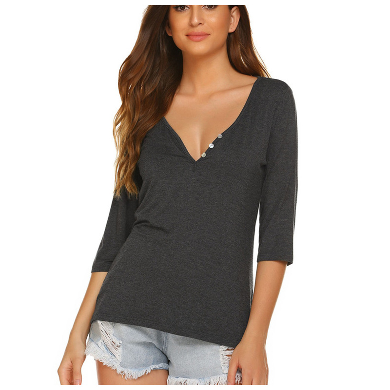 

Women Sexy Tees Ladies Dark Grey 3/4 Long Sleeve Buttons V Neck Slim Casual T Shirts MT4136
