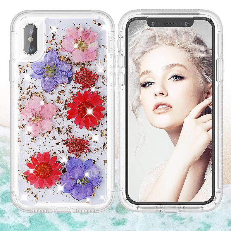 

Bling Floral Transparent Clear Gold Foil Embedded Phone Case Real Dried Flower Cover for iPhone 11pro Max XS MAX XR X 8 7 Plus, Mix color tell us
