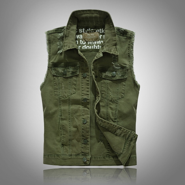 

Men Army Green Denim Vest Casual Mens Slim Single Breasted Vest Youth Handsome Denim Jacket Vests