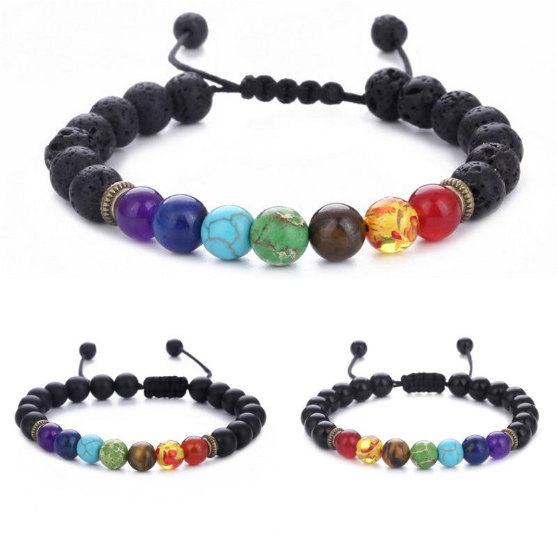 

7 Chakra Bracelet Men Women Black Lava Healing Balance Reiki Prayer Natural Stone Beads Yoga Strand Aroma Bracelets Adjustable Rope B739S