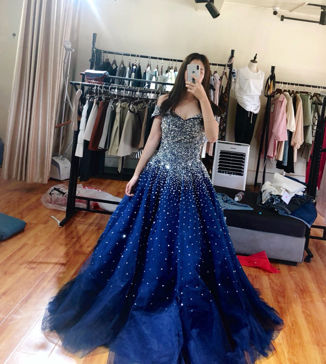 

Off the Shoulder Navy Blue Ball Gown Prom Dress High Quality Beading Sequins Lace-up Back Evening Dresses, Champagne