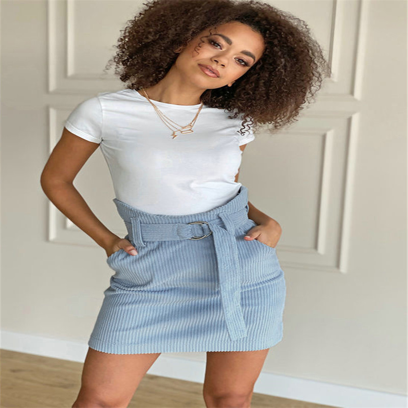 

Women Skirts Fashion A-Line Ladies Green Mini Skirt High Waist Fleece Vintage Skirts Pocket Summer Belt Adjust 2020, As pic