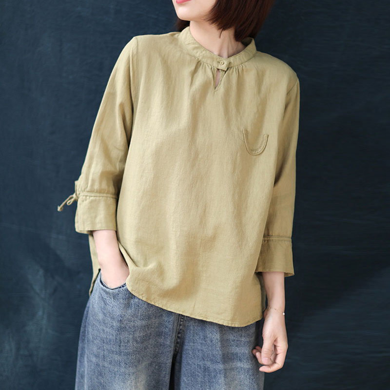 

Johnature 2020 Spring New Solid Color Stand Three Quarter Sleeve Irregular Pullover Shirt Loose Comfortable All-match Women Tops, Pink