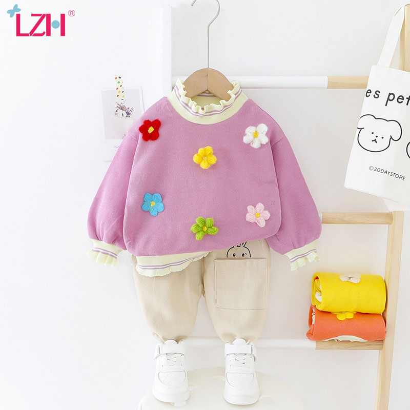 

LZH 2020 New Autumn Fashion Flowers Cute Kid Clothing Baby Girls Suit Children Clothing Long Sleeves + Pants 2Pcs Set 0-4 Years, Pink