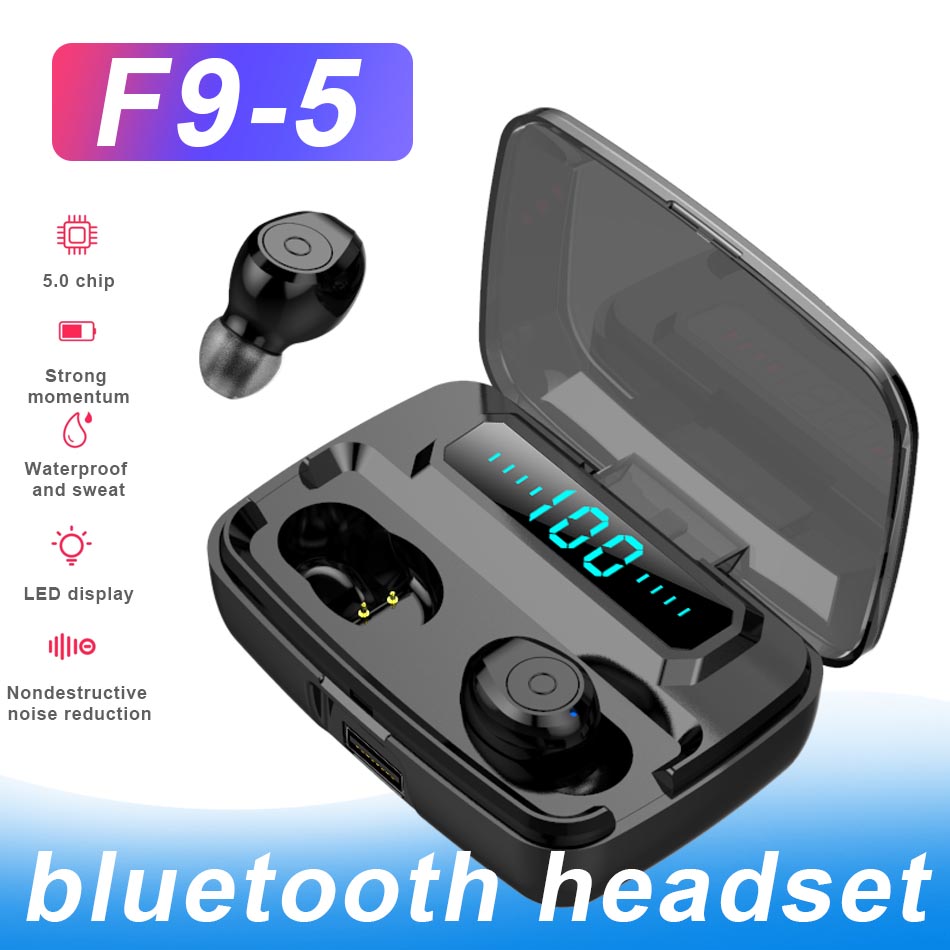 

F9-5 TWS Wireless Bluetooth 5.0 Earphone HIFI Bass Stereo Touch Earbuds Headphones with LED Indigital Charging Box Retail Package, Black