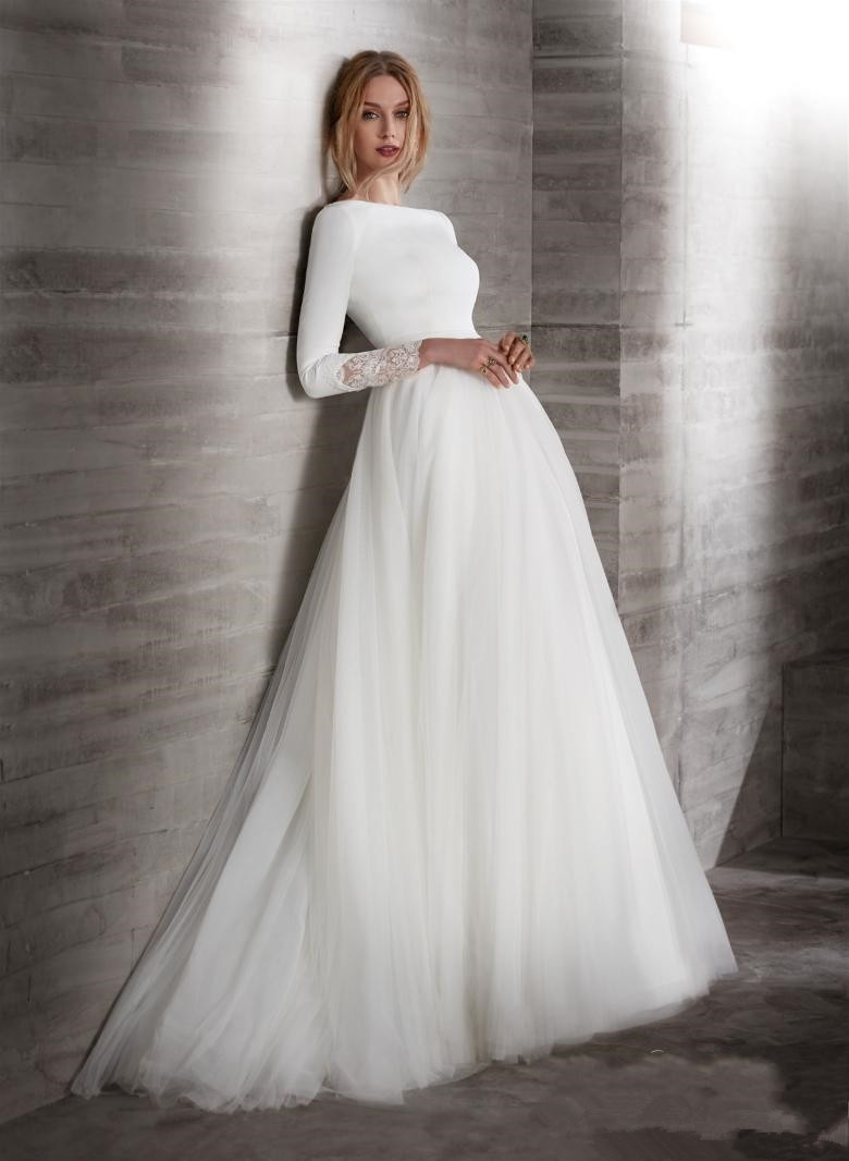 

New Modest A-line Crepe tulle Wedding Dresses With Long Sleeves Boat Neck Covered Back Simple Bridal Gowns LDS Wedding Gown, Silver