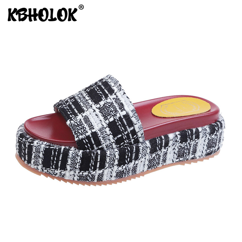

Grid Pattern Cloth Platform Slippers 2020 Summer New High Heels Flip Flop Slides Women Shoes Beach Womens Shoes Slipper Female, White