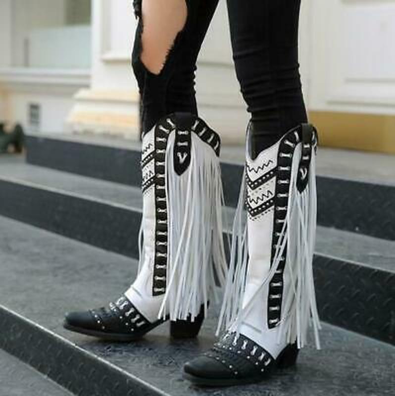 

Womens Hand-made Block Heel Tassels Cowboy 100% Genuine Leather Boots Long Chunky High Heel Shoes Cowboy 2Colors, Black