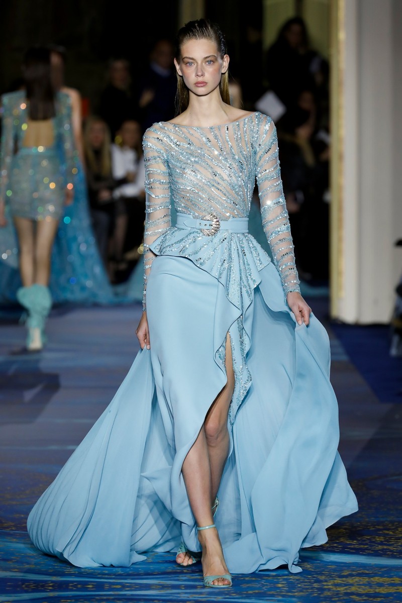 

2020 Evening Dresses Jewel Neck Long Sleeve Beads Front Split Sash Tulle Prom Dress Sweep Train Formal Occasion Gowns, Nude