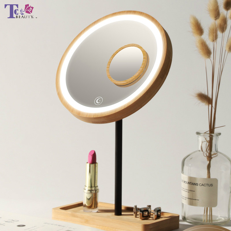 

Wooden Desktop LED Makeup Mirror 3X Magnifying USB Charging Adjustable Bright Diffused Light Touch Screen Beauty Mirrors