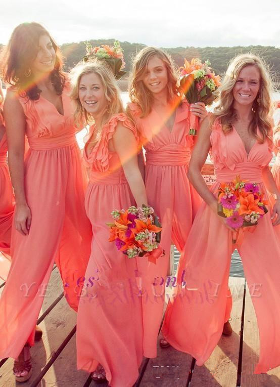 

2020 V-Neck Chiffon Jumpsuit Long Bridesmaid Dress Sleeveless Spring Custom Formal Honor Of Maid Guest Party Gowns Junior Bridesmaids Gown