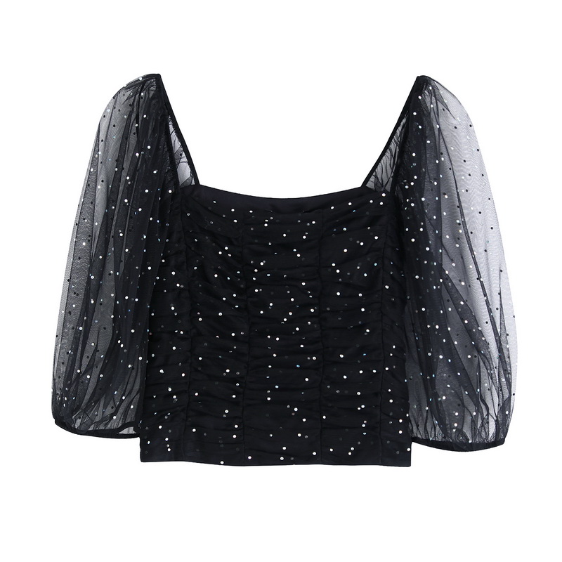 

Shine Through Women Blouse Autumn 2019 New Fashion Shiny Rhinestone Black Mesh Square Collar Modern Lady Sexy Crop Tops