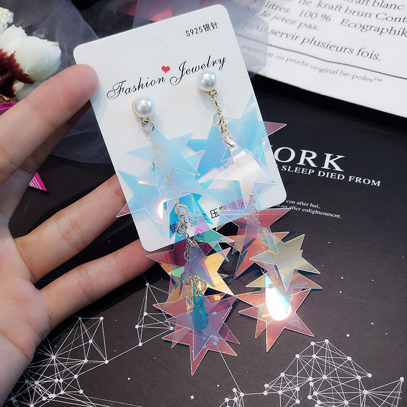 

2019 new earring Korean super fairy temperament exaggerated red long section of sequined star earrings wild personality earrings female lady
