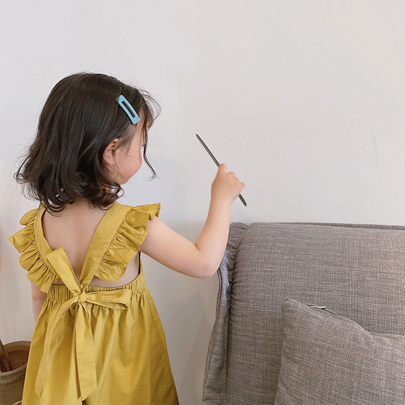 

1-7Y Girl Casual Dresses 2020 Summer Children Girl's Flying Sleeve Bow Open Back Yellow Cute Dress Korean Kids Princess Dress, Dark yellow
