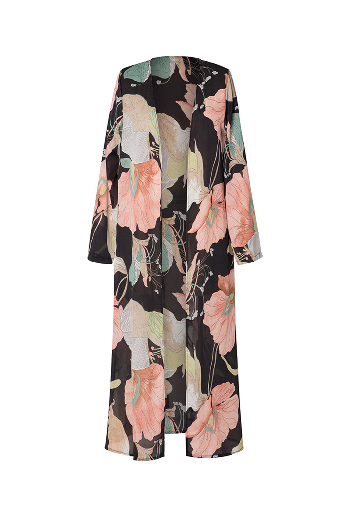 Le donne floreale chiffon manica Flare Boho Kimono Lungo Cardigan Giacca Cappotto Camicetta