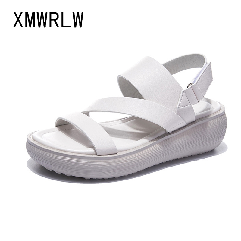 

XMWRLW Women's Sandals 2020 Summer Genuine Leather Thick Sole Ladies Shoes Casual Hook & Loop Women Summer Sandals Wedges Shoes, Black
