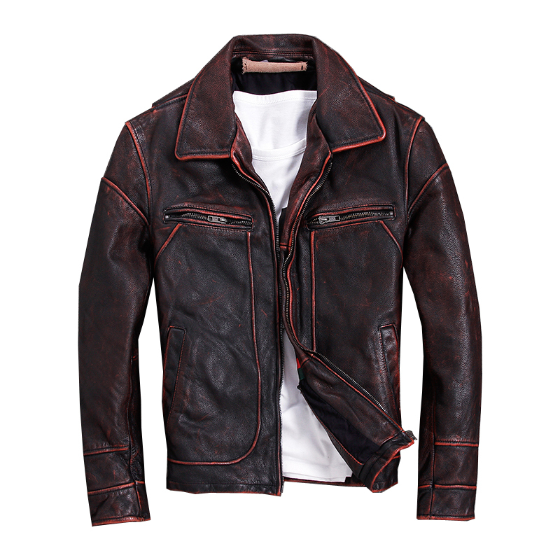 

2020 Vintage Red Brown Men American Casual Style Leather Jacket Plus Size 5XL Genuine Cowhide Autumn Leather Coat FREE SHIPPING