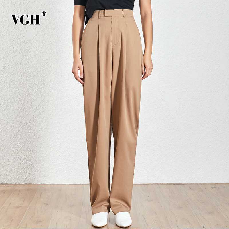 

VGH Casual Korean Ruched Soild Women' Trousers High Waist Pocket Loose Straight Pants Female Fashion New Tide Clothing 2020, Gray