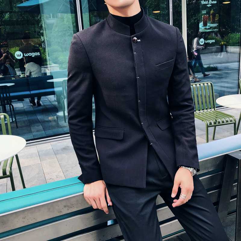 

2020 new men' self-cultivation business casual suit formalwear Chinese stand collar tunic male youth groom dress, Black