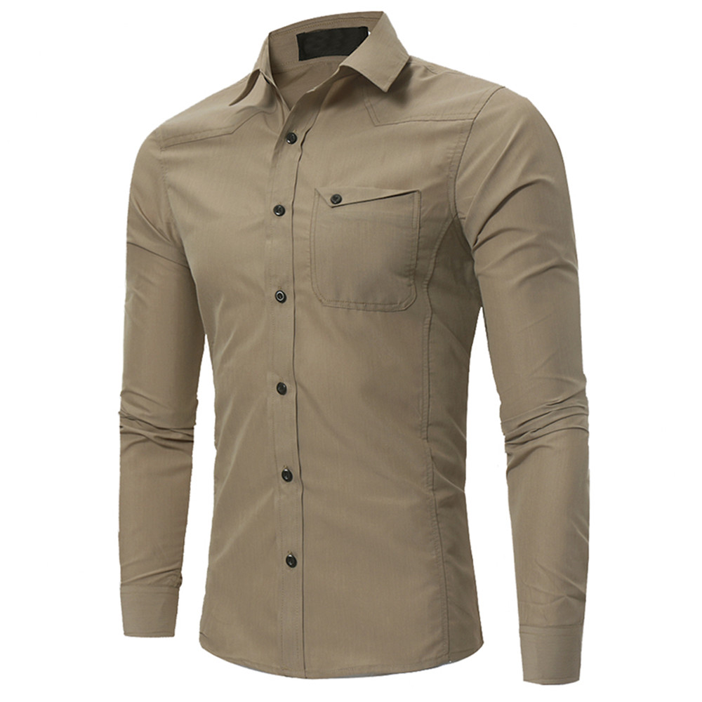 

Big Size Business Shirt Smart Casual Clothing Top Men Office Shirts Fashion New Arrival Working Blusa 2019 Pocket Novelty Shirt, Khaki