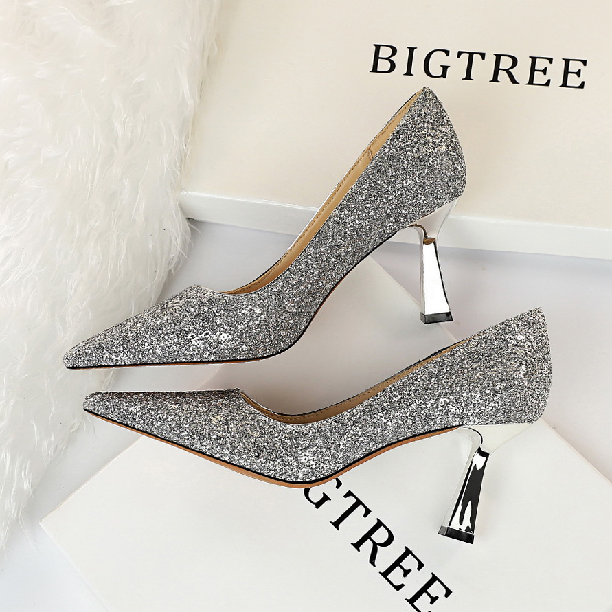 

size 34 to 43 with box 7cm bridesmaid wedding shoes designer pumps shining sequins heels fashion luxury designer women shoes, Silver