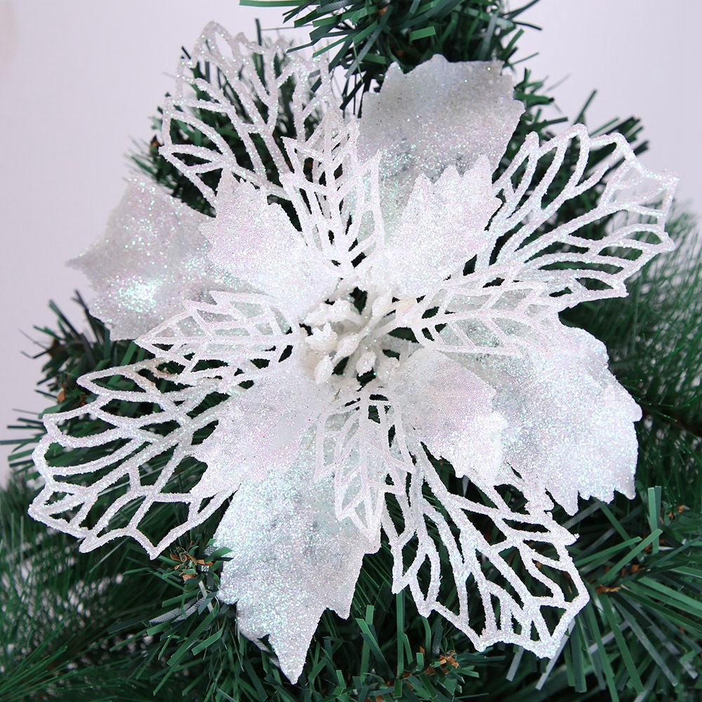 

6pcs/set  Large Poinsettia Glitter Flowers White Christmas Tree Decorations Garland Exquisite Hanging Party Gift KYY1035