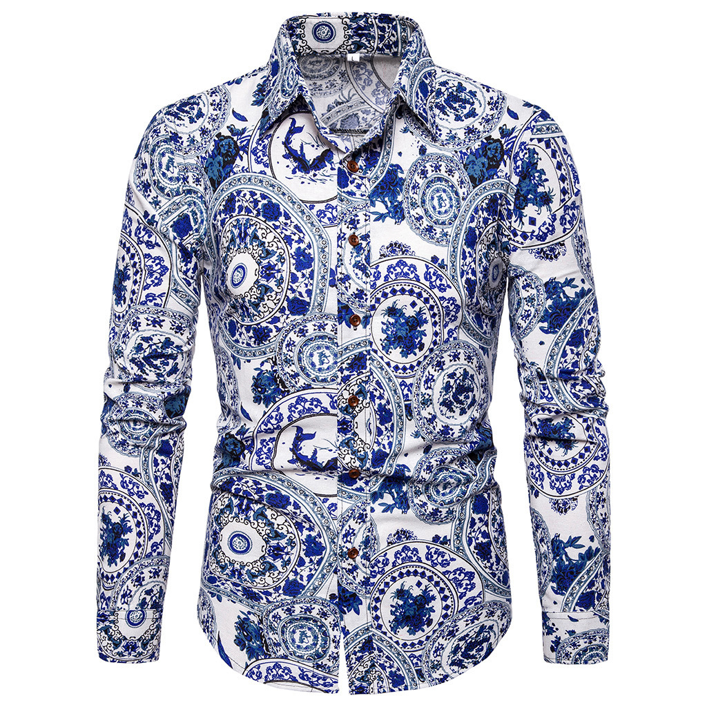 

Designer Men Shirt Slim Fit Casual Shirts Blue and White Porcelain Printed Mens Dress Shirts Camisa Masculina Long Sleeve Shirt Men Clothes, White;black