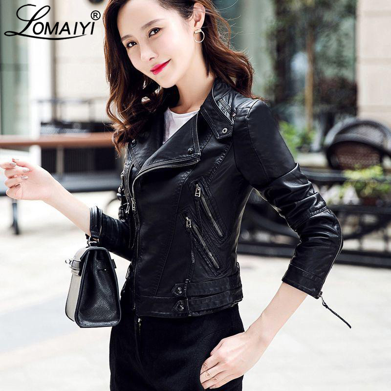

LOMAIYI Women's Moto Biker Zipper Jacket Women Asymmetric Zip Leather Jackets Autumn Slim Coat Ladies PU Leather Jacket BW061, Black