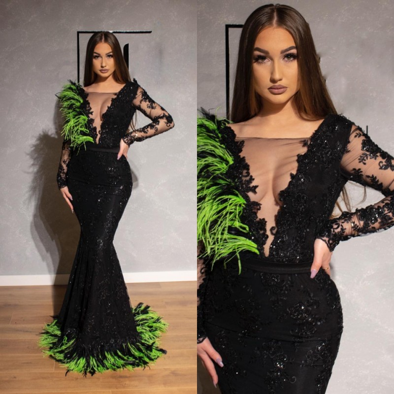 

Black Evening Dresses 2020 Beteau Neck Lace Appliqued Beaded Luxury Feather Mermaid Prom Dress Party Wear Sequins Long Sleeve Party Gowns, Light purple