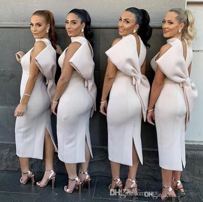 

African Nigerian halter Satin Short Bridesmaid Dresses backless with big bow split Tea Length Wedding Guest Maid Of Honor Dresses