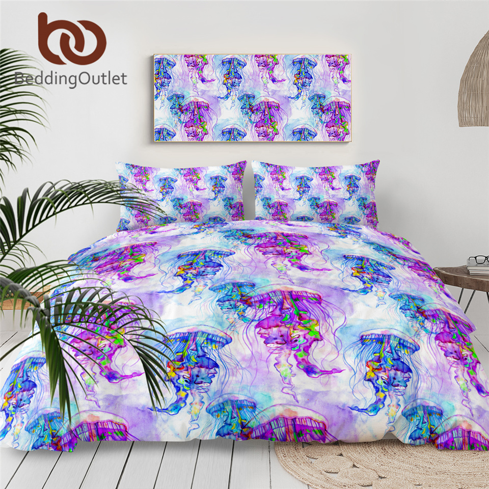 

BeddingOutlet Sea Jellyfish Bedding Set Watercolor Duvet Cover Ocean Marine Animal Comforter Cover Purple Blue Bedspread 3-Piece