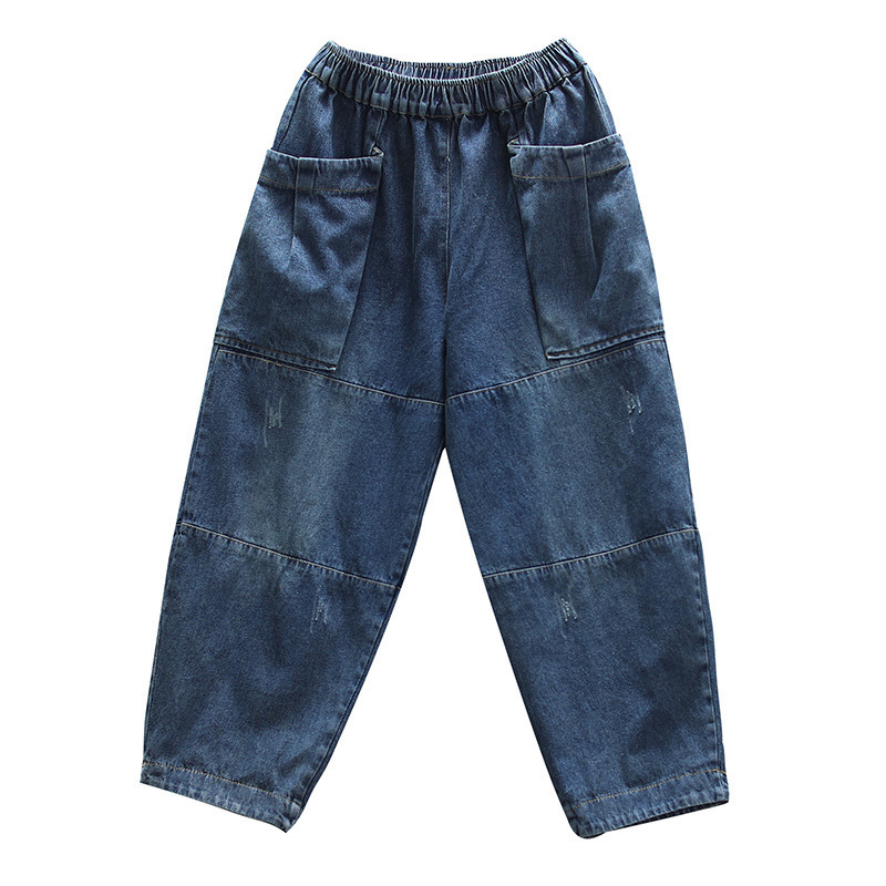 

Dark blue loose ripped jeans for women All-match Pants Elastic Waist jeans Mom loose trousers female free size Z2, Dark grey