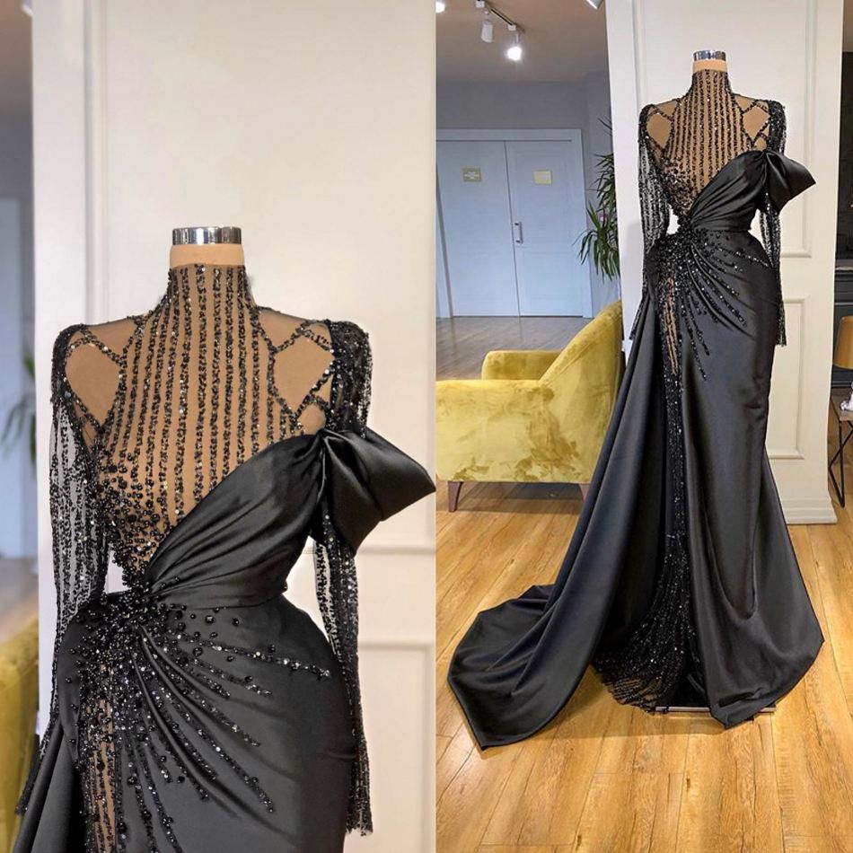 

Elegant Evening Dresses High Collar Long Sleeves Lace Beads Satin Prom Gowns 2021 Custom Made High Side Split Special Occasion Wear, Black
