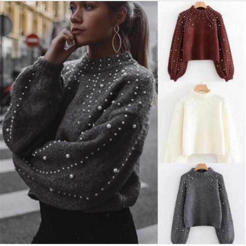 

High quality Autumn 2020 Street Fashion style pullovers women' Acrylic Round collar Bubble bead long sleeve loose sweater, White