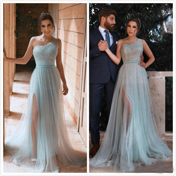 

Sky Blue Cheap Evening Dresses One Shoulder Sequined Prom Dresses Side Split Formal Evening Wear Vestidos, White