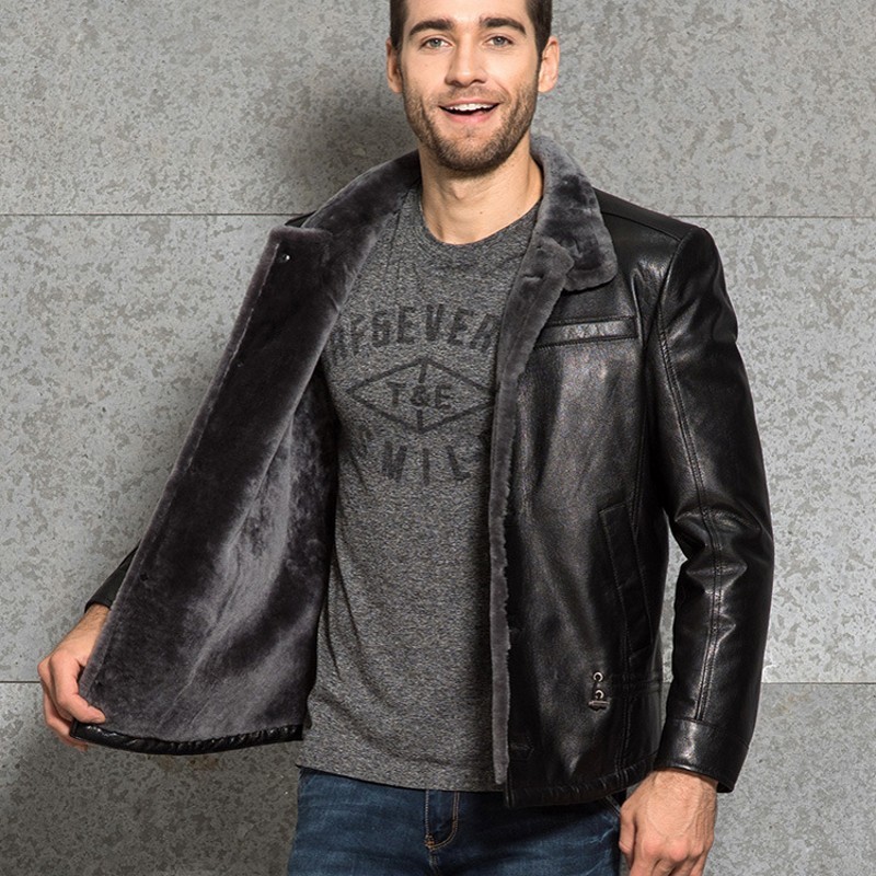 

Italy Winter Runway Genuine Leather Mens Jacket Wool Fur Lining Punk Jaqueta De Couro Slim Fit Single Breasted Motorcycle Coats, Black