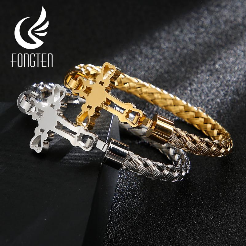 

Link, Chain Fongten Cross Charms Male Gothic Punk Wrist Band Bracelet Stainless Steel Trendy Blessing Mens Accessoires