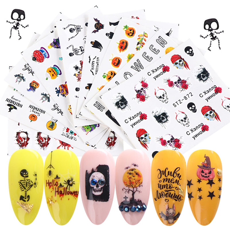 

24pcs/set Holographic Halloween Skull Stickers On Nails Props Red lips Water Transfer Slider Nail Sticker Manicure Supplies, Silver;gold