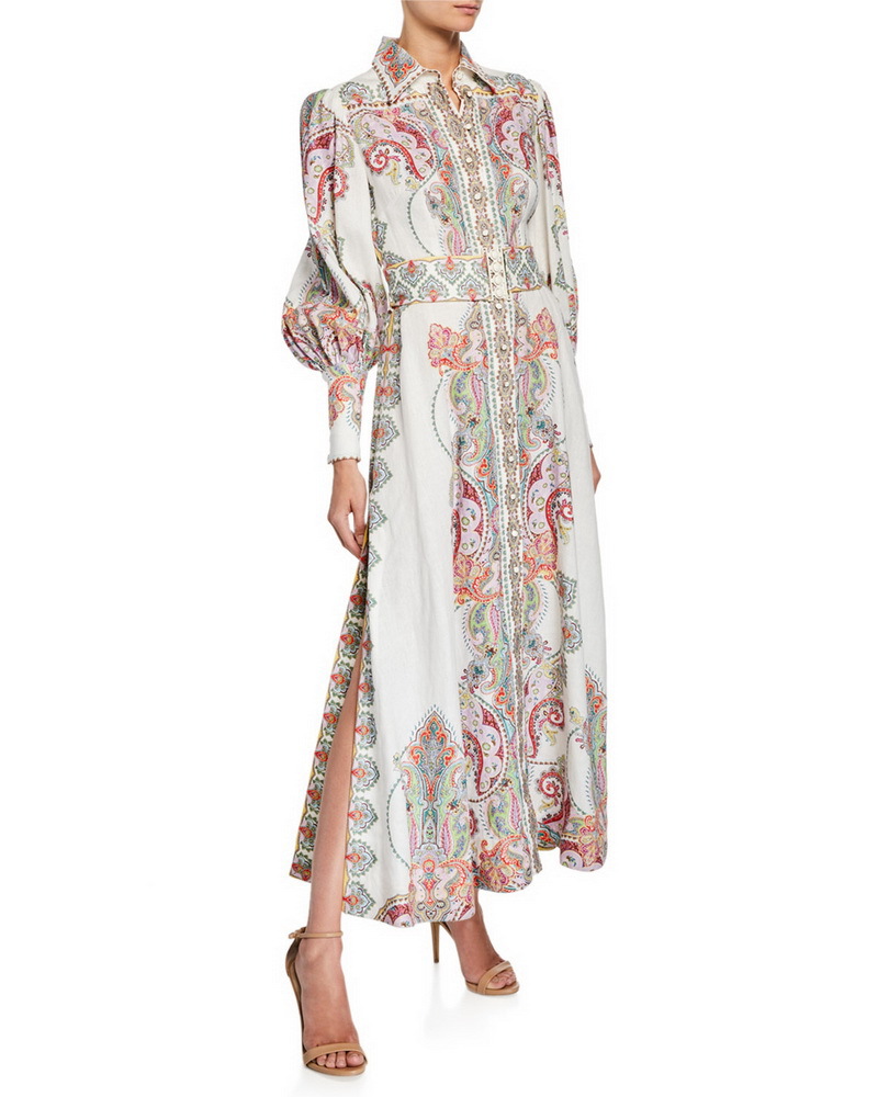 

Gorgeous 2019 Lapel Neck Puff Sleeves Long Women Dress Designer Cashew Print Side Slit Milan Runway Gown yy-83, Black