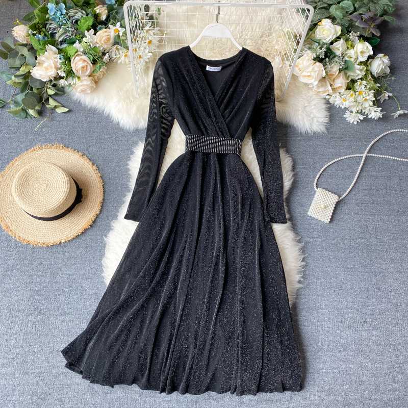 

spring autumn New Women' deep V-neck long sleeve bright silk A-line dress female elegant bling fairy dresses with belt, Black