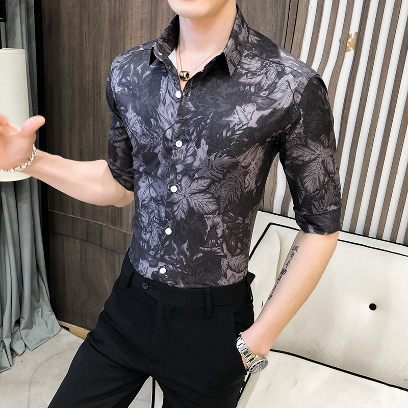 

2020 Fashion Summer Men Shirt Half Sleeve Casual Slim Fit Printing Dress Shirts Camisa Masculina Streetwear Social Blusa Homme, Black