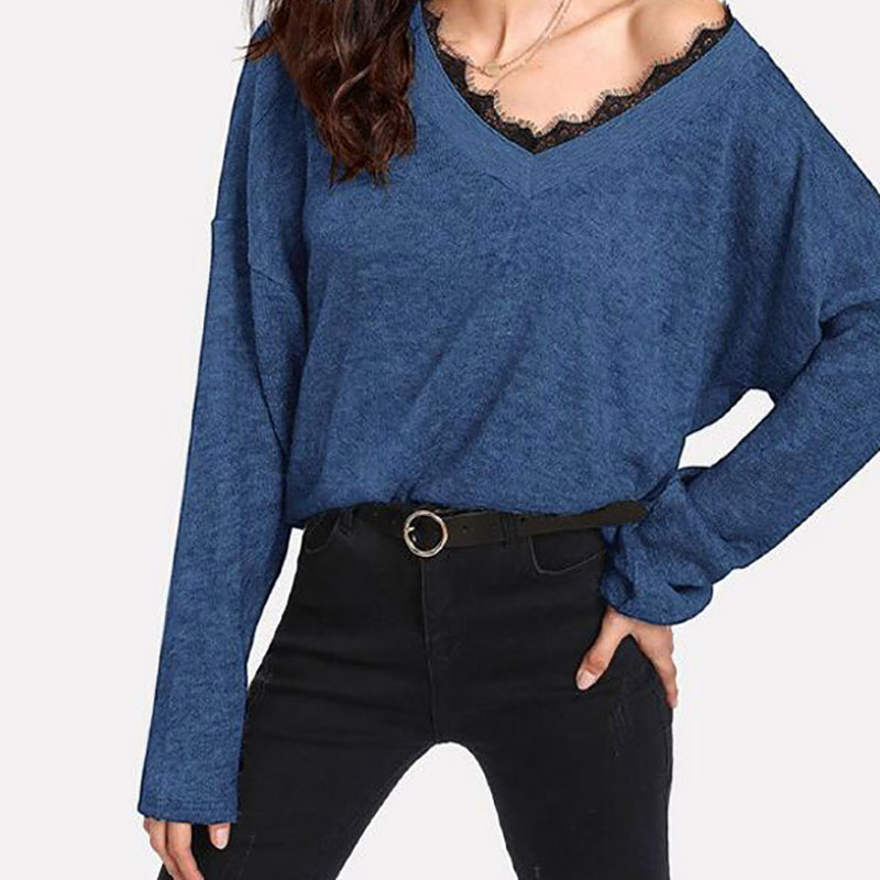 

Sweater Autumn Winter V-neck Lace Stitching Loose Sweater Long Sleeve Bat Sleeve Solid Color Pullover Knitted Top, Blue