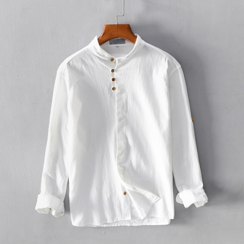 

Men Solid Cotton Linen Shirt Chinese Traditional Stand Collar White Long Sleeve Male Casual Shirts Y2122