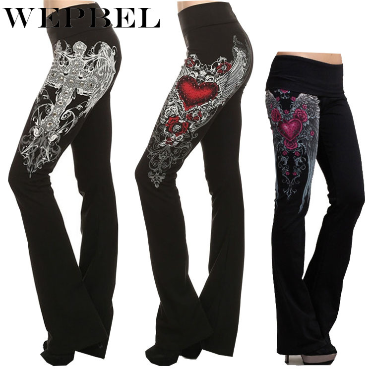 

WEPBEL Women Pants Print Sexy Mid Waist Full Length Pants Lady Casual Elastic Waist Flare, Black