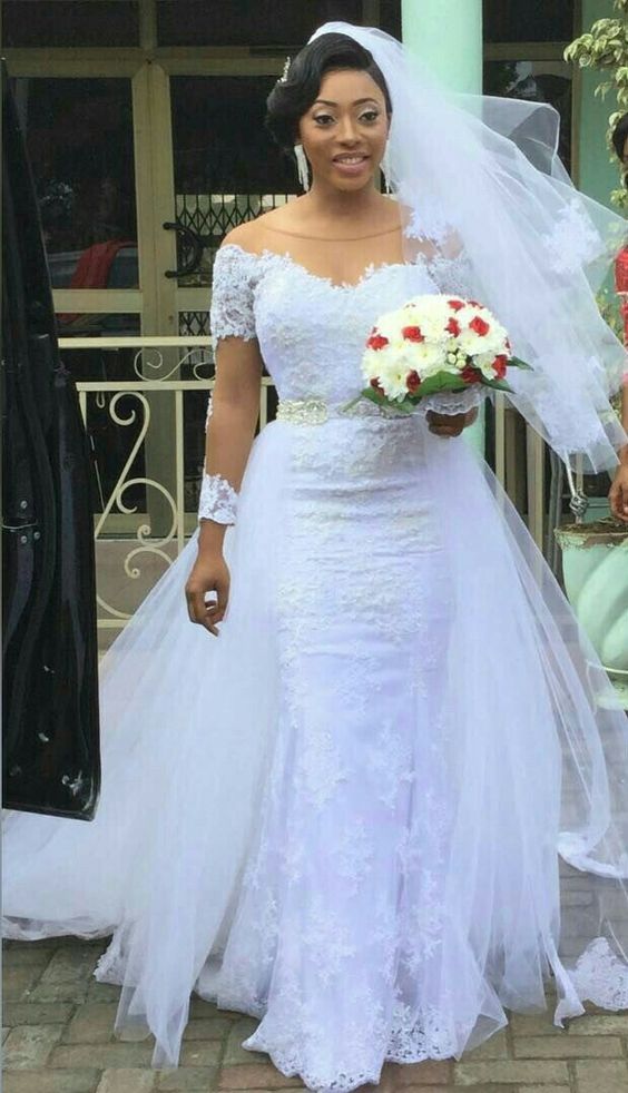 

Charming African Detachable Train Wedding Dresses Gowns Plus size Illusion Long Sleeves Sheer Neck Reception Dress Bridal Gown, Royal blue