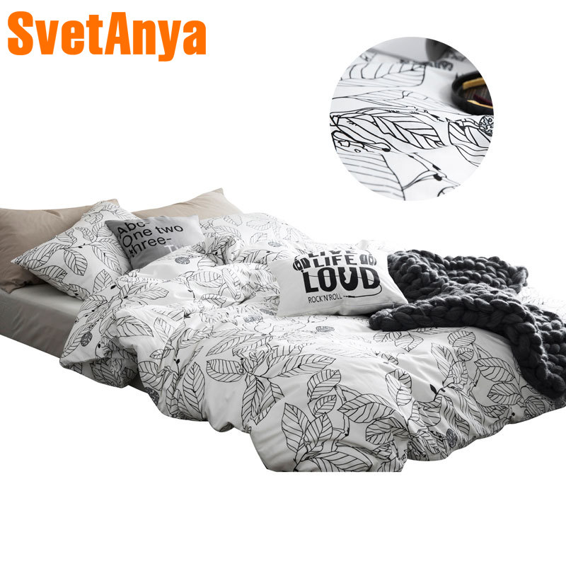 

2018 Simple Black White Leaves Bedding Set Cotton  Queen Size 4Pcs Print Duvet Cover Flat Sheet/Fitted Sheet Pillow Cases, 20180393