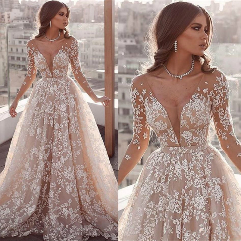 

2020 Sexy Prom Dresses Deep V Neck Full Lace Appliques Illusion A Line Evening Dress Party Wear Custom Made Long Sleeves Summer Plus Size, Same as picture
